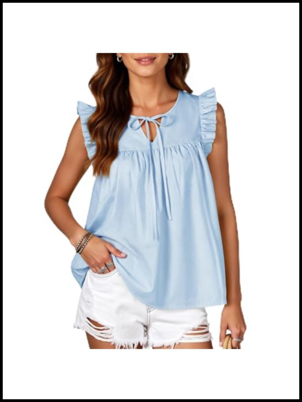 Women Summer Tie Front Tank Top Ruffle Sleeve Pleated Babydoll Blouse Loose Fit
